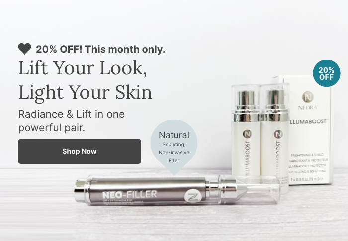 A promotional banner for a combo of Neora’s Neo-FILLER and Neora Illumaboost. Featured is text reading ”20% OFF this month only.” and a “Shop Now” button underneath it.